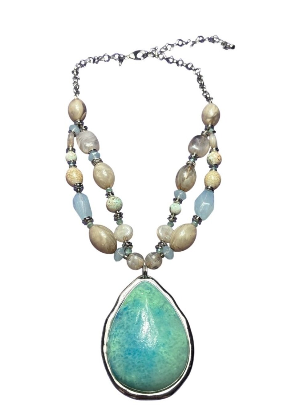 Chico's Plastic Beaded Statement Necklace Teardrop Pendant Silvertone 18-22 inch - Picture 2 of 5